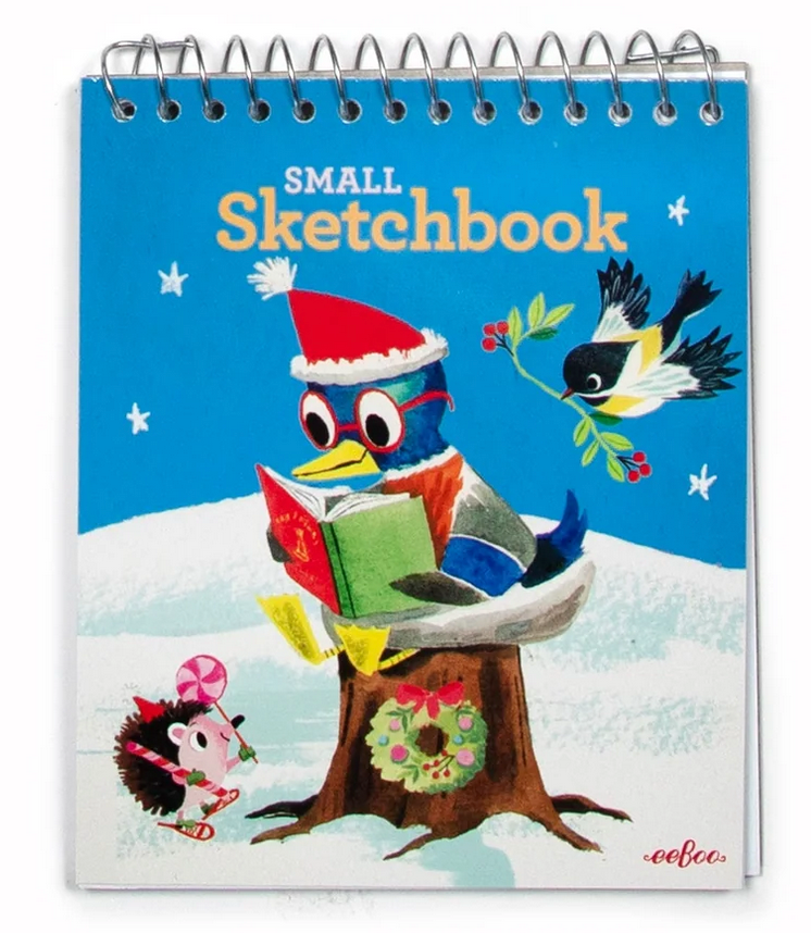 Small Sketchbook | Winter with festive bird reading and cheerful animals in snowy scene on spiral-bound cover.