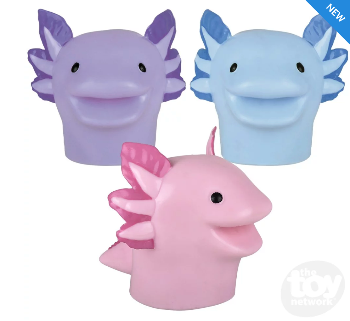 Axolotl Hand Puppet in purple, blue, and pink stretchy designs, perfect for imaginative play, 6 inches tall.