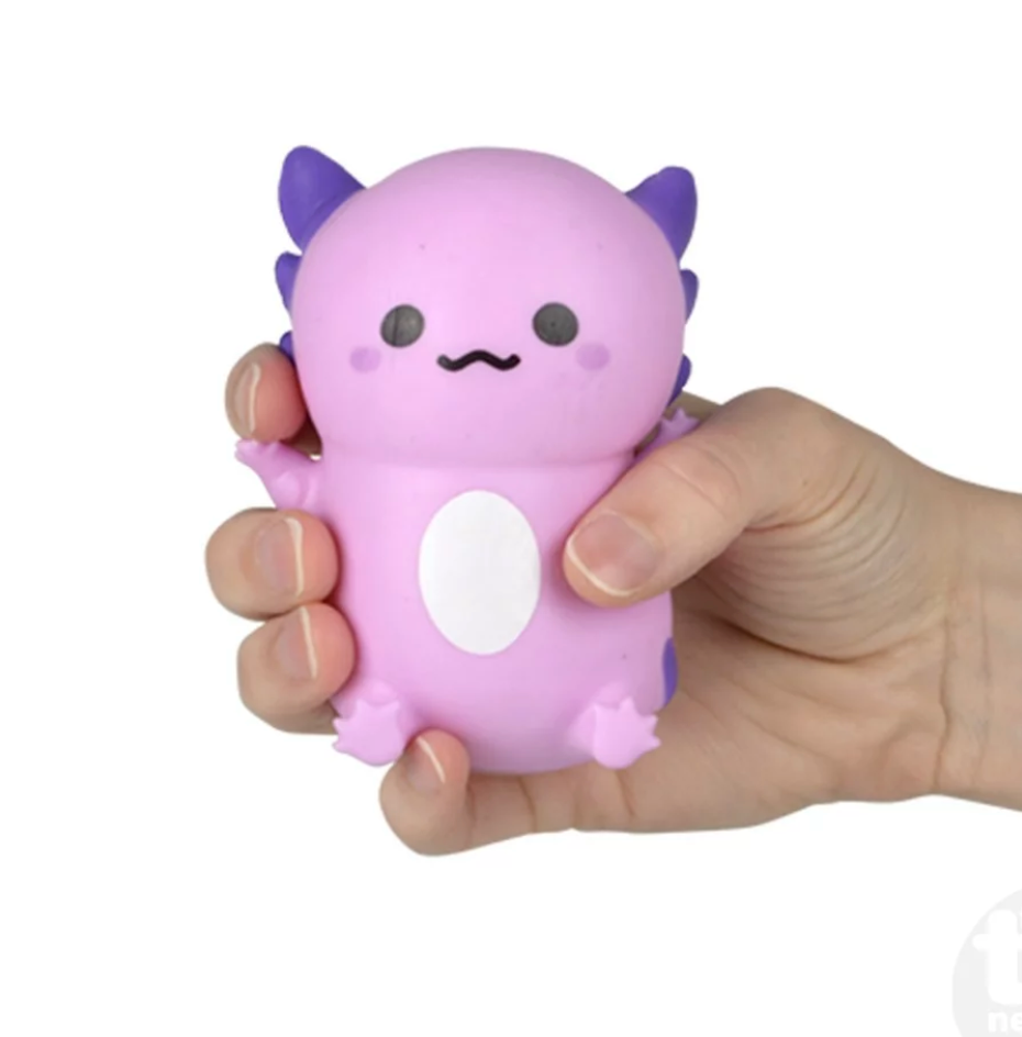 Hand holding a purple 4" Squish & Stretch Axolotl fidget toy for stress relief and sensory play.