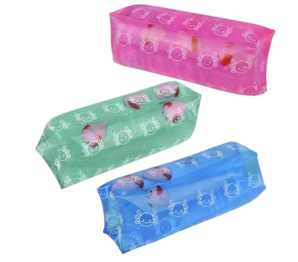 Water Wiggler Axolotl toys in pink, green, and blue inflatable covers, each featuring a cute axolotl design.