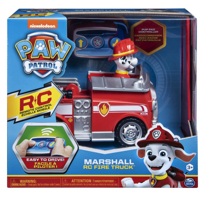 RC Paw Patrol Marshall Fire Truck with remote control, detailed ladder, and Marshall figure in driver’s seat.