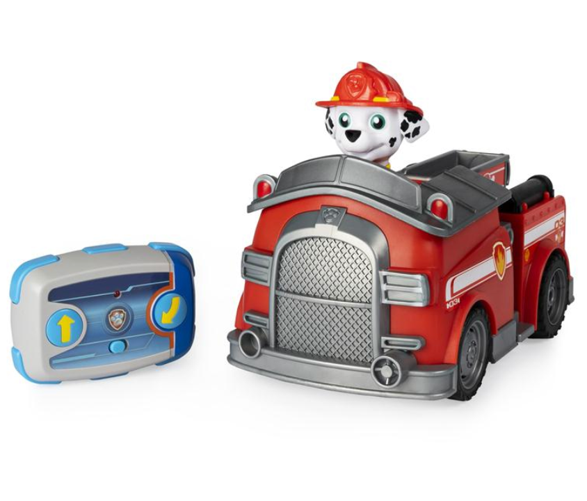 RC Paw Patrol Marshall Fire Truck with red fire truck and remote control featuring Marshall in the driver's seat.