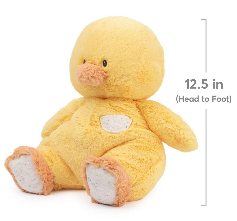 Oh So Snuggly Duck plush toy with quilted blanket texture in sunny yellow, perfect for baby comfort and tactile play.