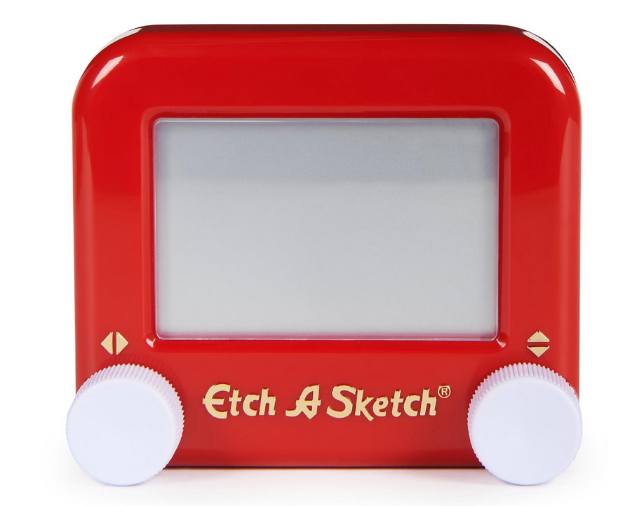Pocket Etch A Sketch compact red drawing pad with white knobs for creative doodling anywhere, perfect travel-friendly toy.