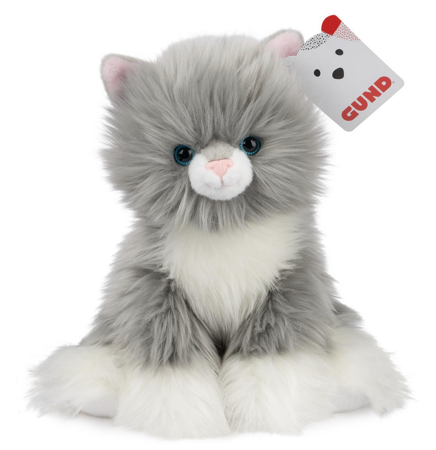 Kitten Camilla plush with thick gray and white fur, blue eyes, pink nose, and soft white paw pads sitting upright.