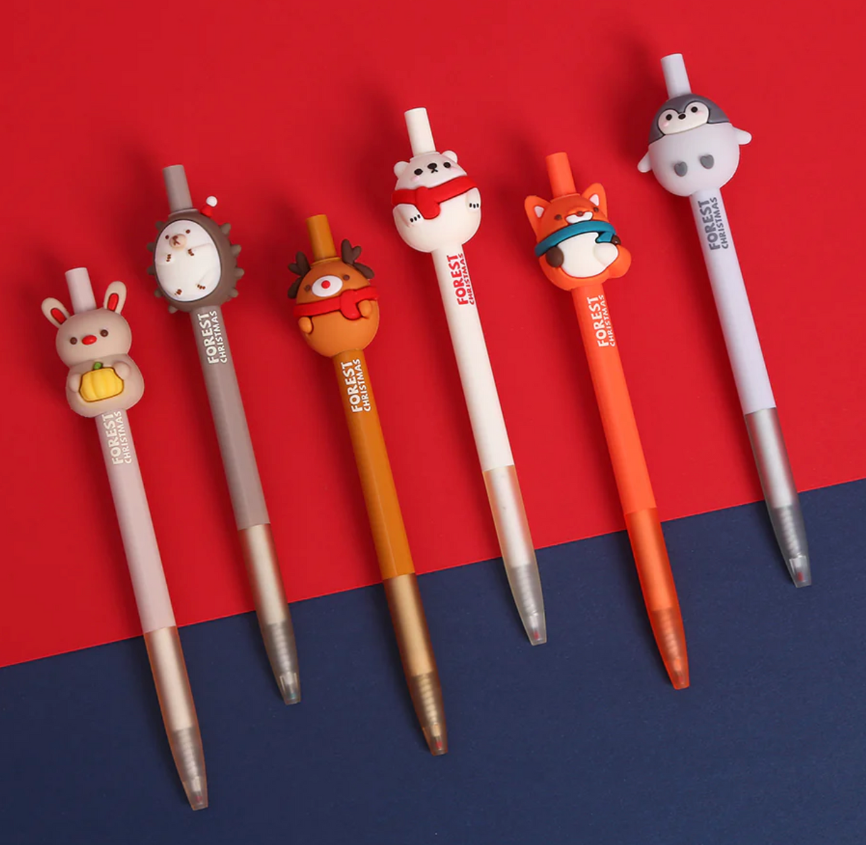 Forest Christmas Animal Gel Pen set with cute festive animal toppers on colorful pens, perfect for holiday writing.