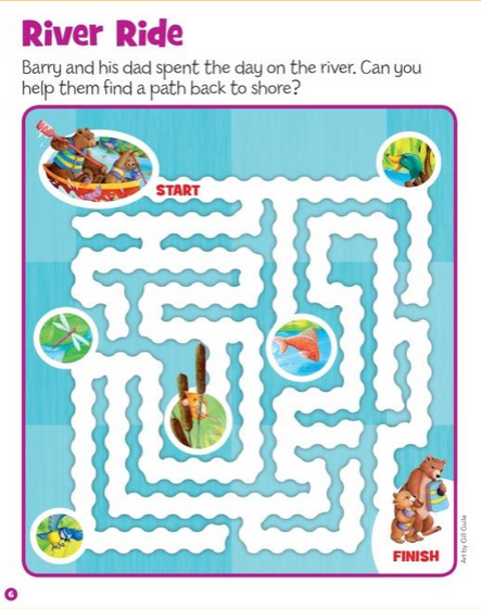 Highlights Travel Mazes River Ride maze page with animals and a fun path for kids ages 3-6 to solve.
