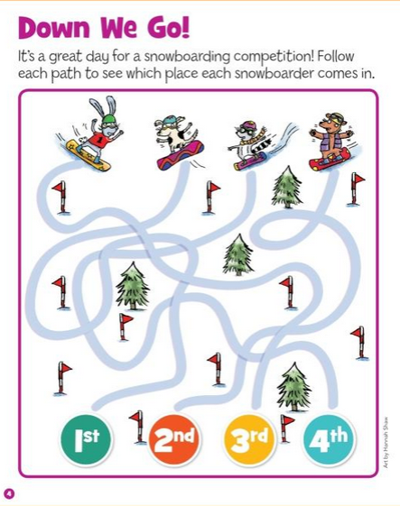 Highlights Travel Mazes snowboarding maze activity page with colorful cartoon animals racing down the slope.