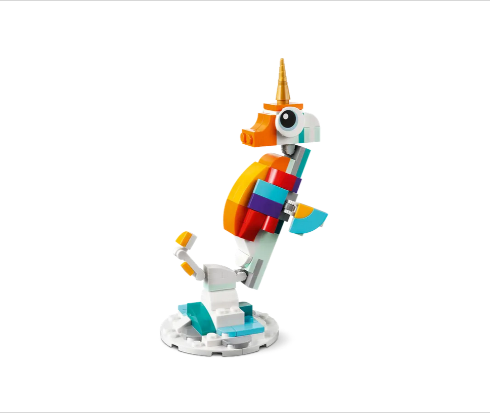 Creator Magical Unicorn colorful posable building set assembled as a standing mythical creature on a white base.