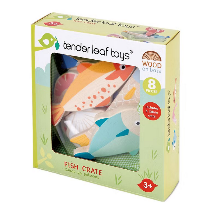 Fish Crate wooden play food set with colorful fish and gingham fabric basket for imaginative play ages 3 and up.
