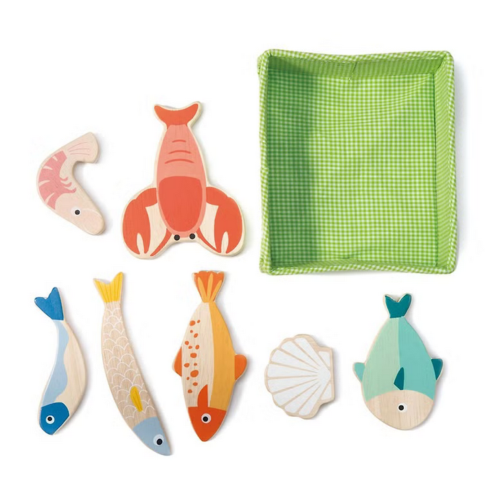 Fish Crate set with wooden lobster, fish, prawn, scallop, and green gingham fabric basket for imaginative play.