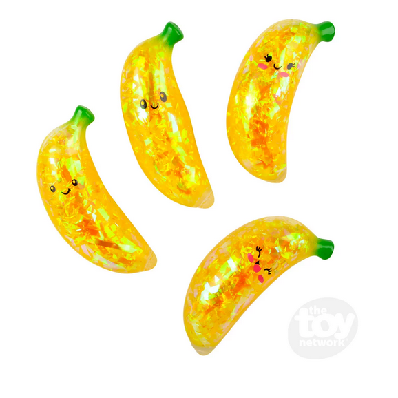 Squeeze Sparkle Banana stress relief toy filled with liquid and sparkly streamers for sensory play and fun fidgeting.
