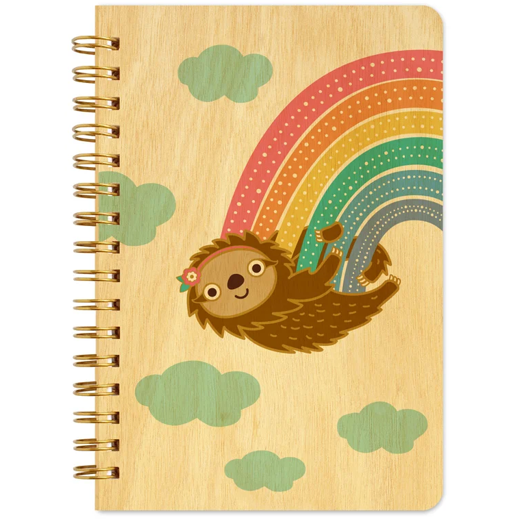Wood Notebook | Rainbow Sloth with eco-friendly birch wood cover, colorful rainbow, and playful sloth design on front.