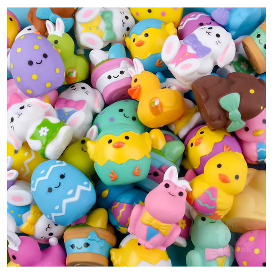 Colorful assortment of Easter Character rubber toys including eggs, chicks, bunnies, and ducks, perfect for Easter baskets.