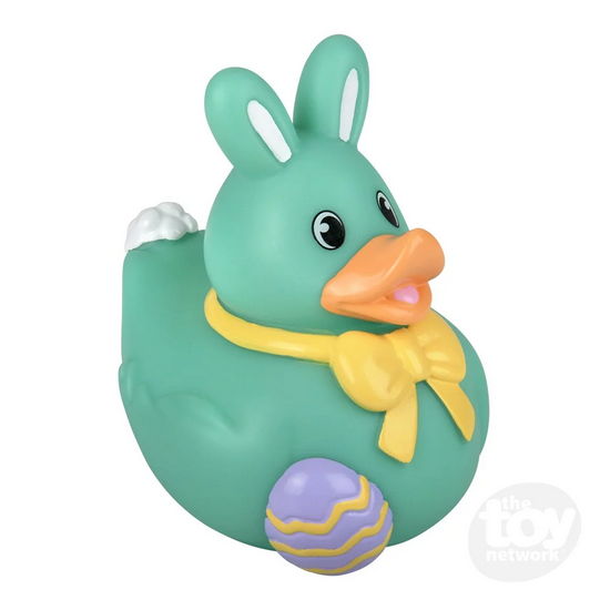 Easter Rubber Ducky in pastel teal with bunny ears, yellow bow, and Easter egg for festive spring decor.