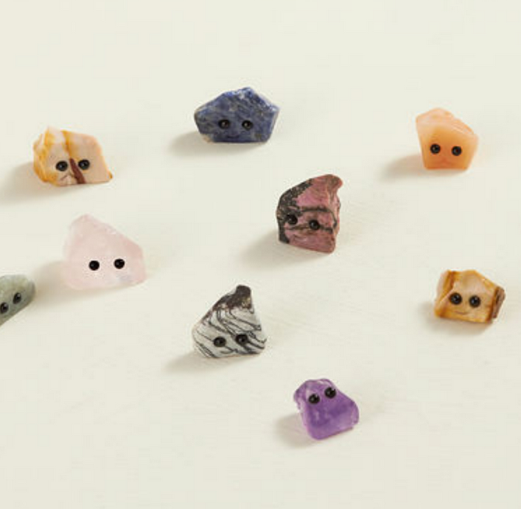 Crystal Friend polished assorted crystals with friendly obsidian eyes in various colors and styles, each 2 inches wide.