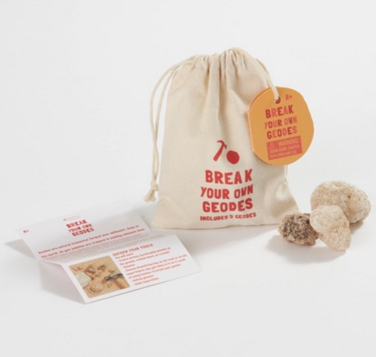 Break Your Own Geodes Bag with tools, instructions, and geodes for a fun hands-on rock-breaking experience.