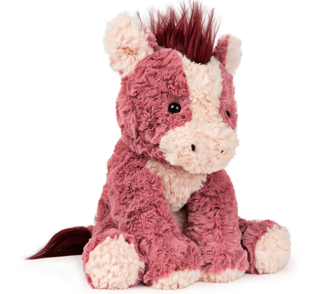 Cozys Horse plush toy with soft pink and red textured fur, floppy limbs, and silky mane and tail for hugging.