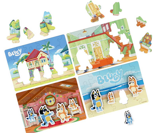Bluey Wooden Puzzles with 4 unique scenes featuring interchangeable characters and colorful backgrounds for imaginative play.
