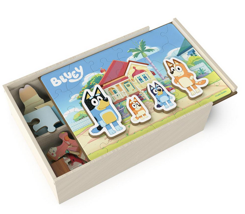 Bluey Wooden Puzzles featuring colorful characters and scenes from the show in a wooden storage box.