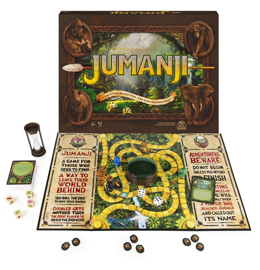 Jumanji board game with jungle-themed path, dice, green dome, tokens, and adventure challenge cards displayed.