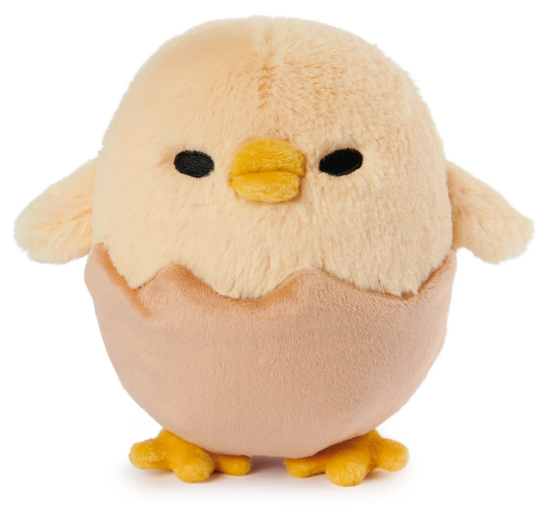 Shakipiyo plush featuring a soft yellow chick with embroidered eyes and cracked eggshell pants.