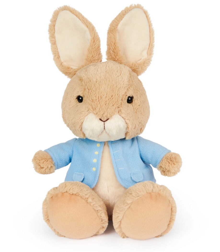 Peter Rabbit with Large Feet plush in blue jacket with yellow buttons, sitting with oversized feet and open arms.