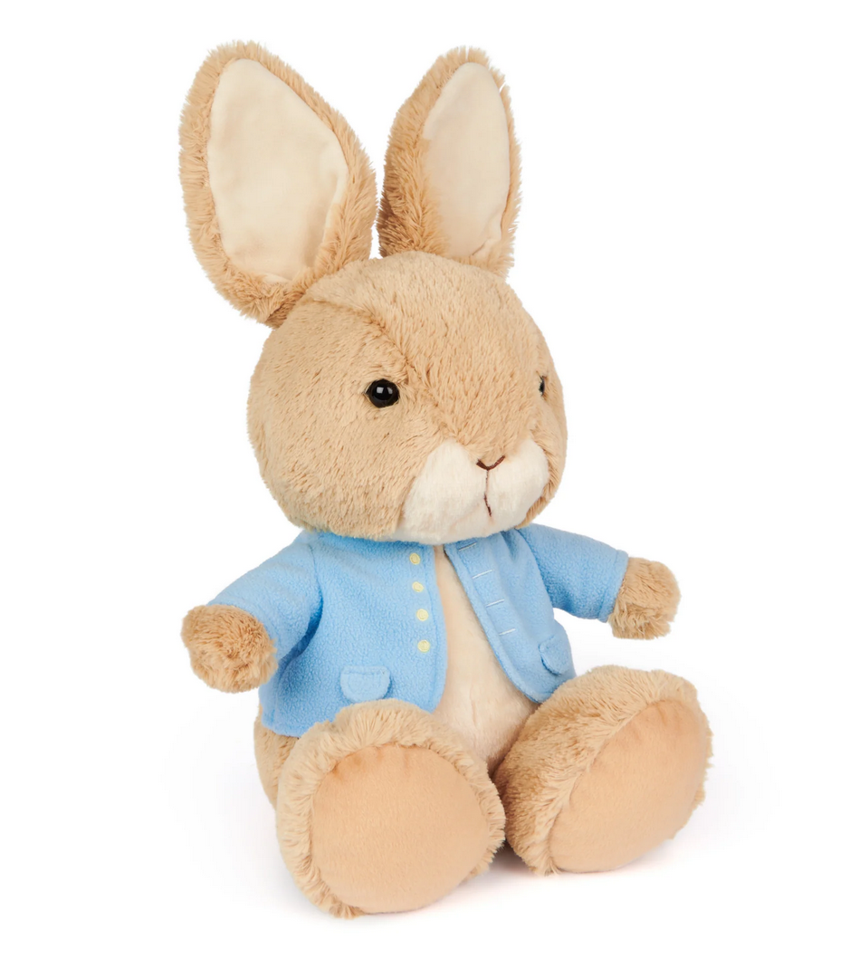 Peter Rabbit with Large Feet plush wearing blue jacket with yellow buttons, sitting with open arms and big feet.