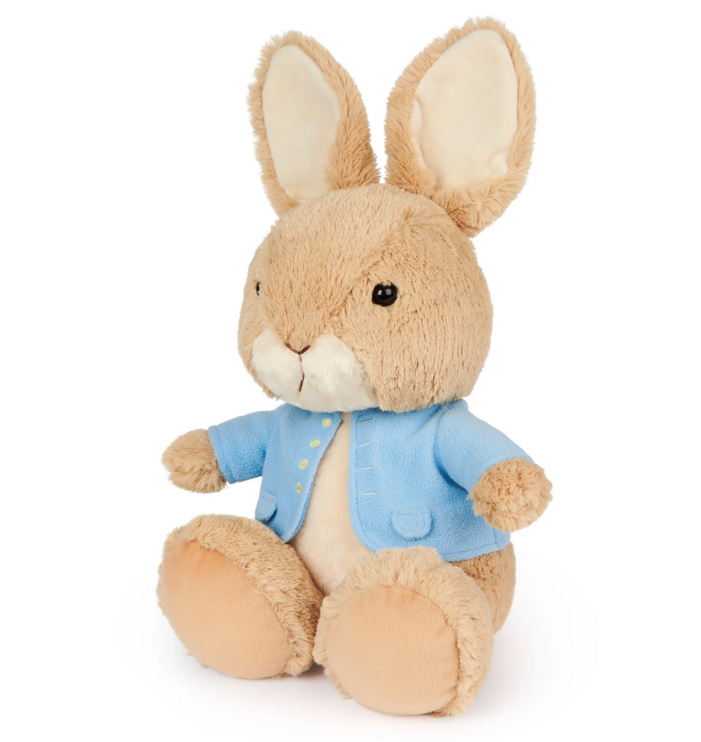 Peter Rabbit with Large Feet plush sitting with open arms, wearing a blue fleece jacket with yellow buttons.