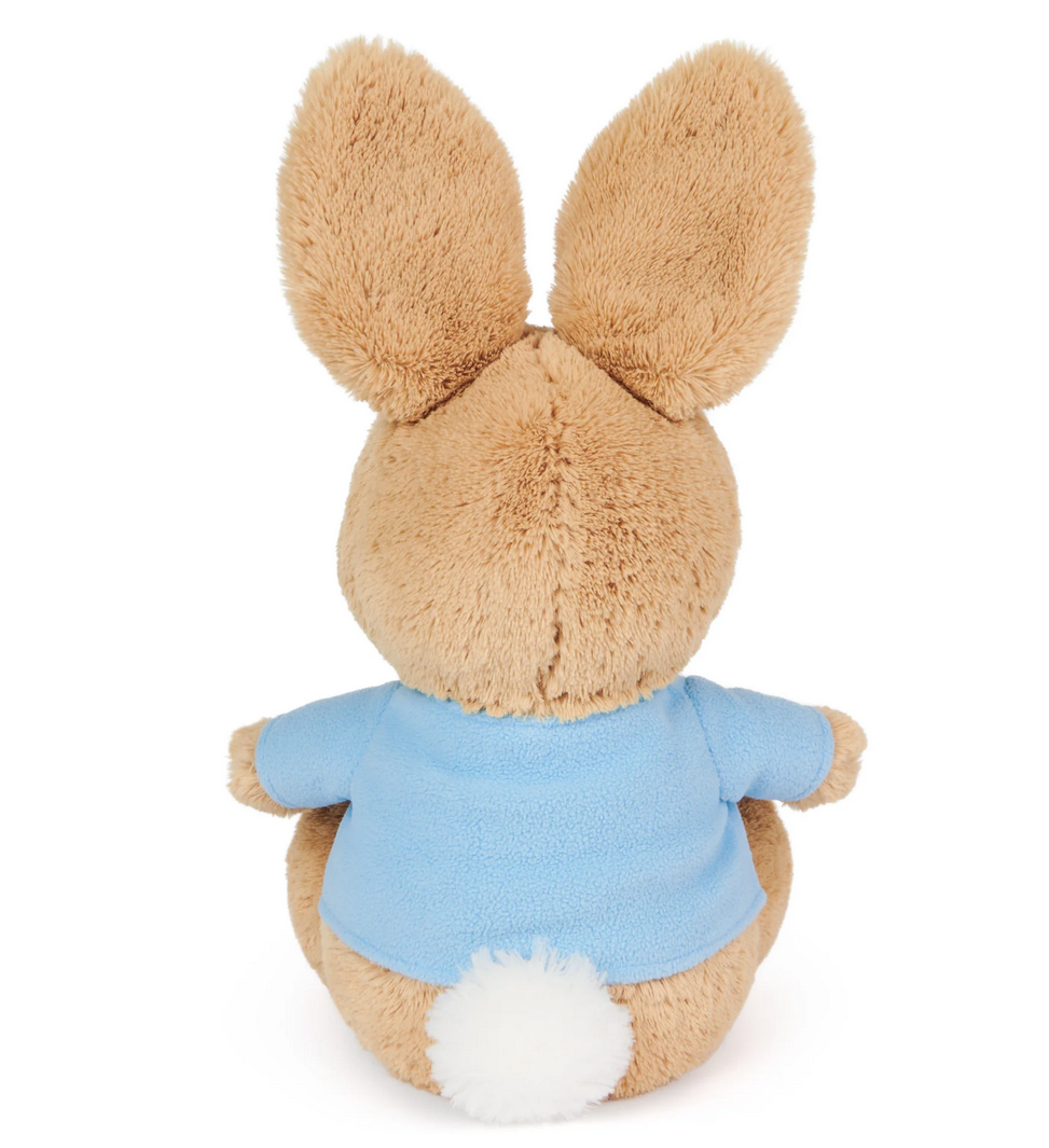 Peter Rabbit with Large Feet plush toy showing back view with sky-blue fleece jacket and fluffy white tail.