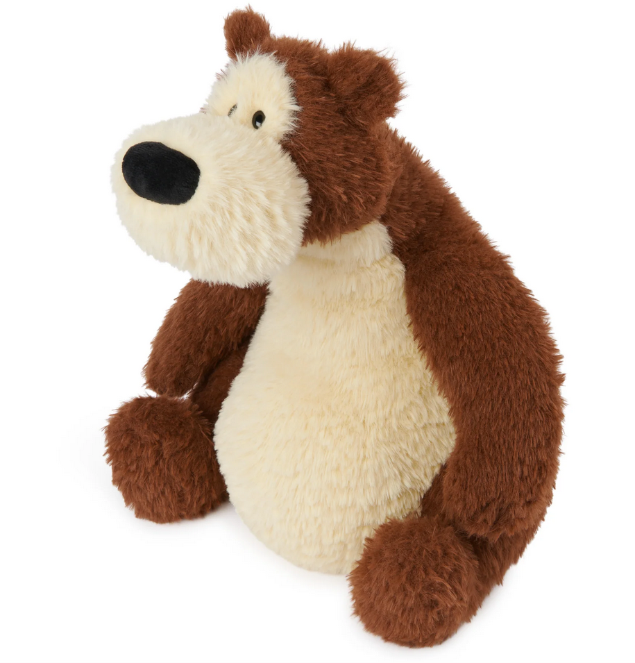 Teddy Bear Goober plush with soft brown and cream fur, sitting upright with a round belly and black nose.