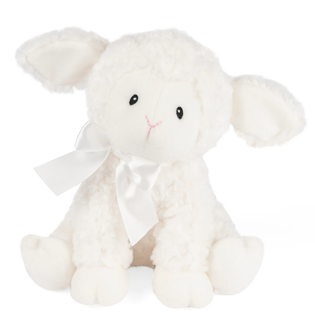 Musical Lamb Lena plush toy with white textured fur, satin ribbon, and embroidered eyes, perfect for soothing babies.