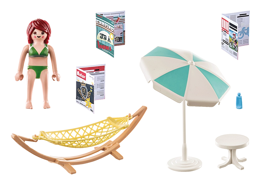 Family Fun | Hammock playset with figure, hammock, table, umbrella, magazines, and water bottle for creative play.