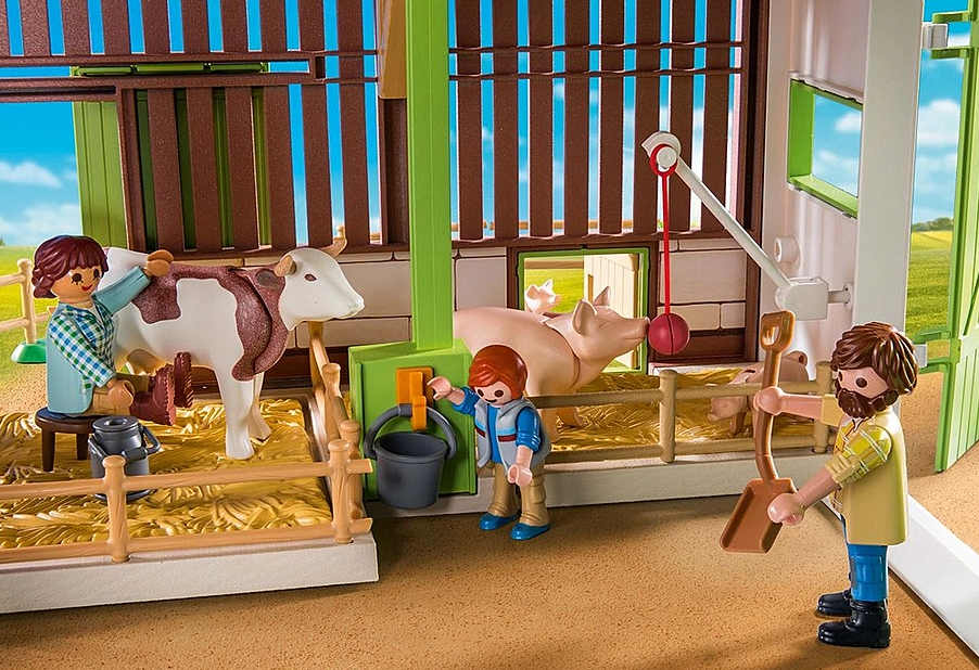 Country | Large Farm playset showing farm figures caring for cow and pig inside barn with farm tools.