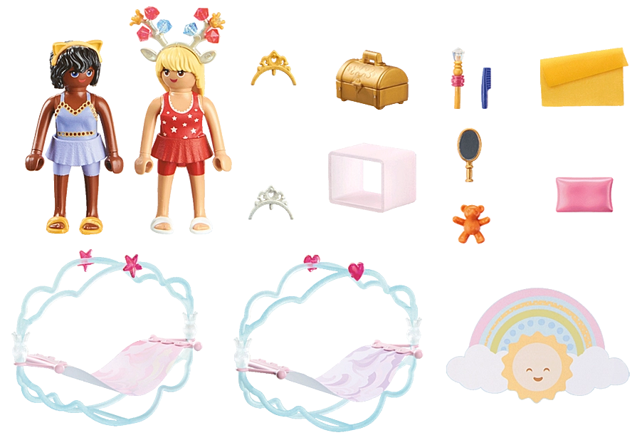 Princess Magic | Rainbow Princess Sleepover Party set with two princess figures, cloud swing beds, and accessories for imaginative play.