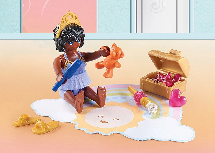 Princess Magic | Rainbow Princess Sleepover Party figure playing with teddy and accessories on cloud-themed mat.