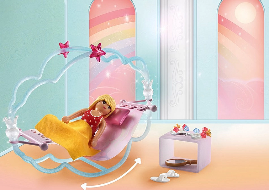 Princess Magic | Rainbow Princess Sleepover Party with a rainbow princess relaxing on a cloud swing bed indoors.