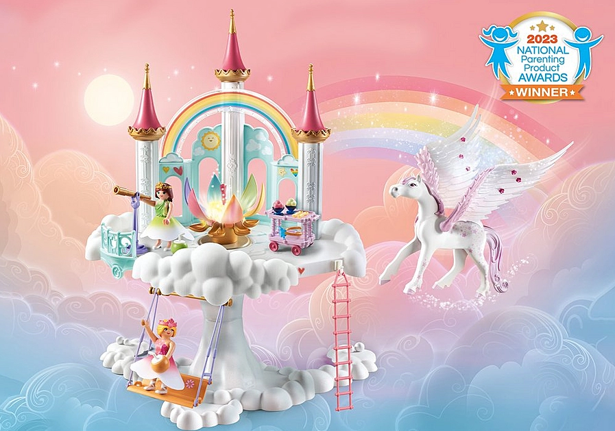 Princess Magic | Rainbow Castle in the Clouds with princesses, pegasus, rainbow, clouds, and magical glowing flower toy set.