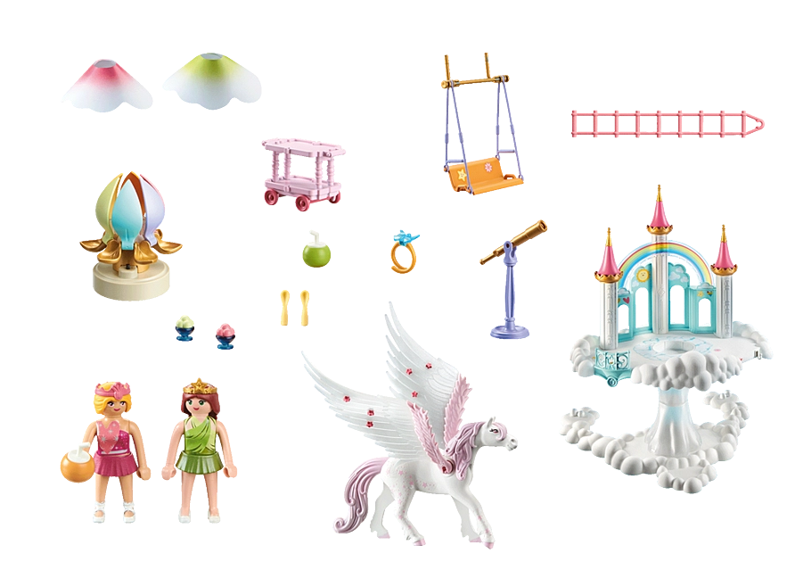 Princess Magic | Rainbow Castle in the Clouds playset with princesses, Pegasus, sky swing, castle, and accessories.