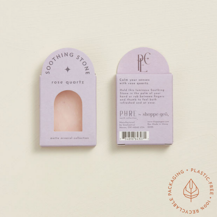 Soothing Stone | Rose Quartz in matte packaging, a calming oval-shaped rose quartz wellness tool.