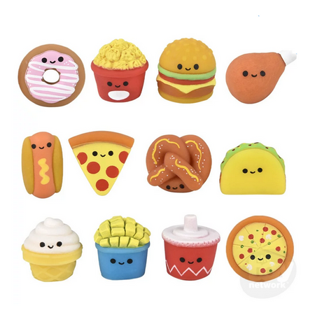 Gummy Fast Food assorted styles small fidget toys with cute faces including burger, pizza, taco, and donut.