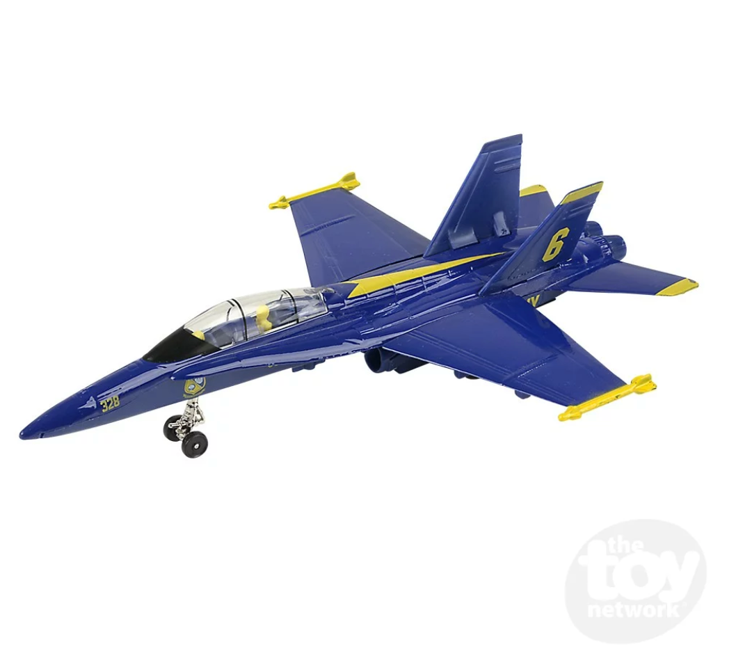 F-18 Blue Angel diecast toy jet with blue and yellow design, 9-inch pull-back vehicle for kids and collectors.