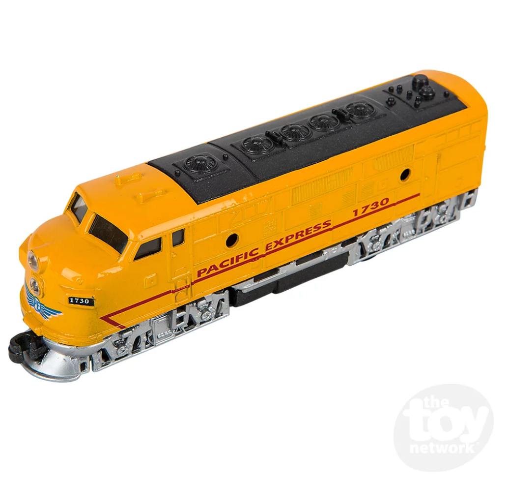 Classic Loco Diesel yellow die-cast toy train with pullback action and detailed plastic parts, Pacific Express 1730 design.