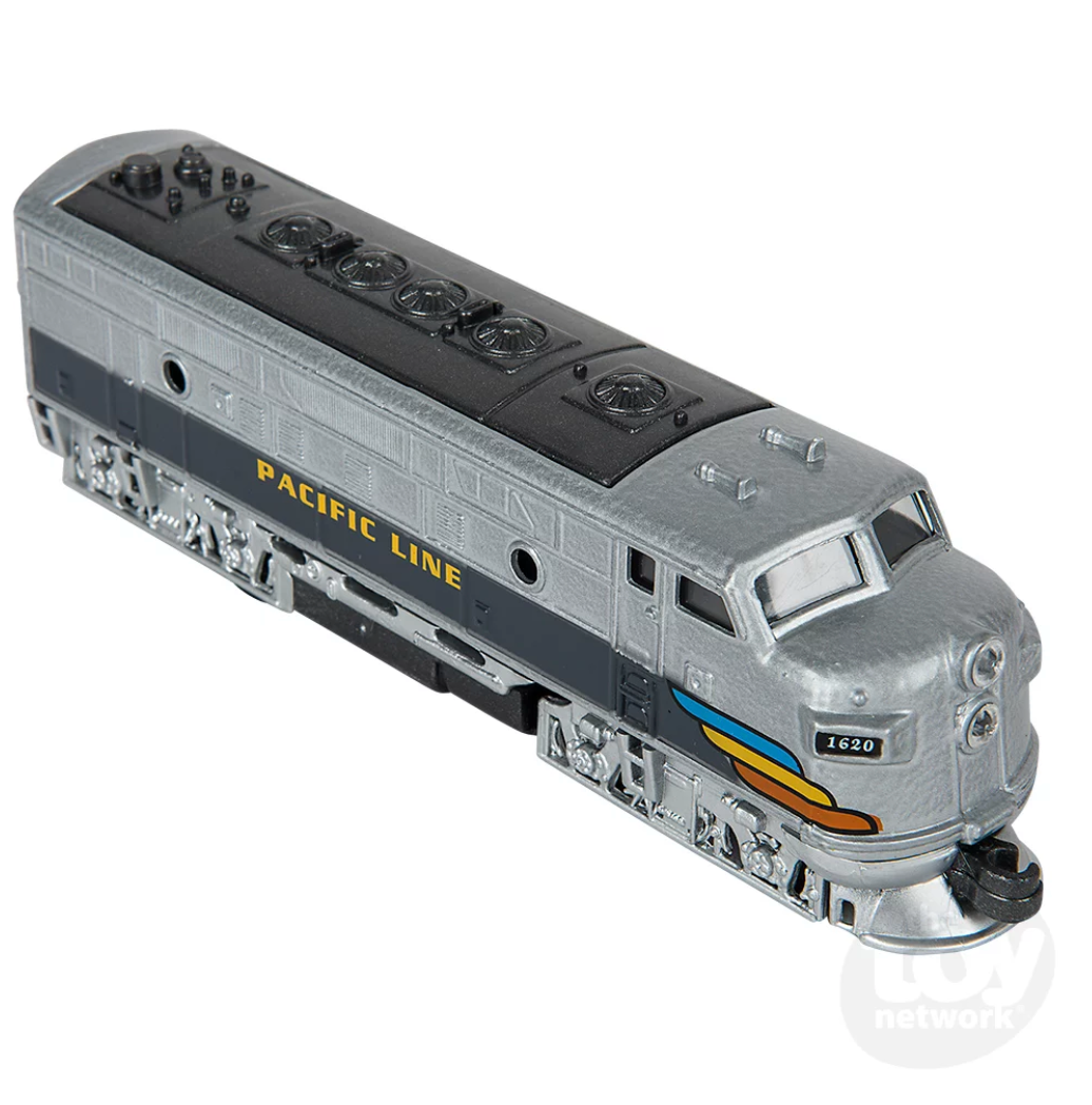 Classic Loco Diesel die-cast metal toy train in silver with Pacific Line details and pullback action, assorted colors available.