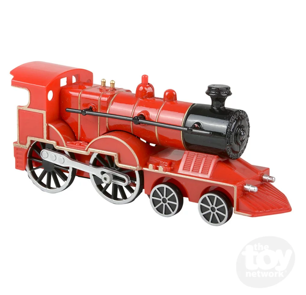 Train Lights & Sounds! 5.5" die-cast red toy train with pull-back action, lights, and sound features.