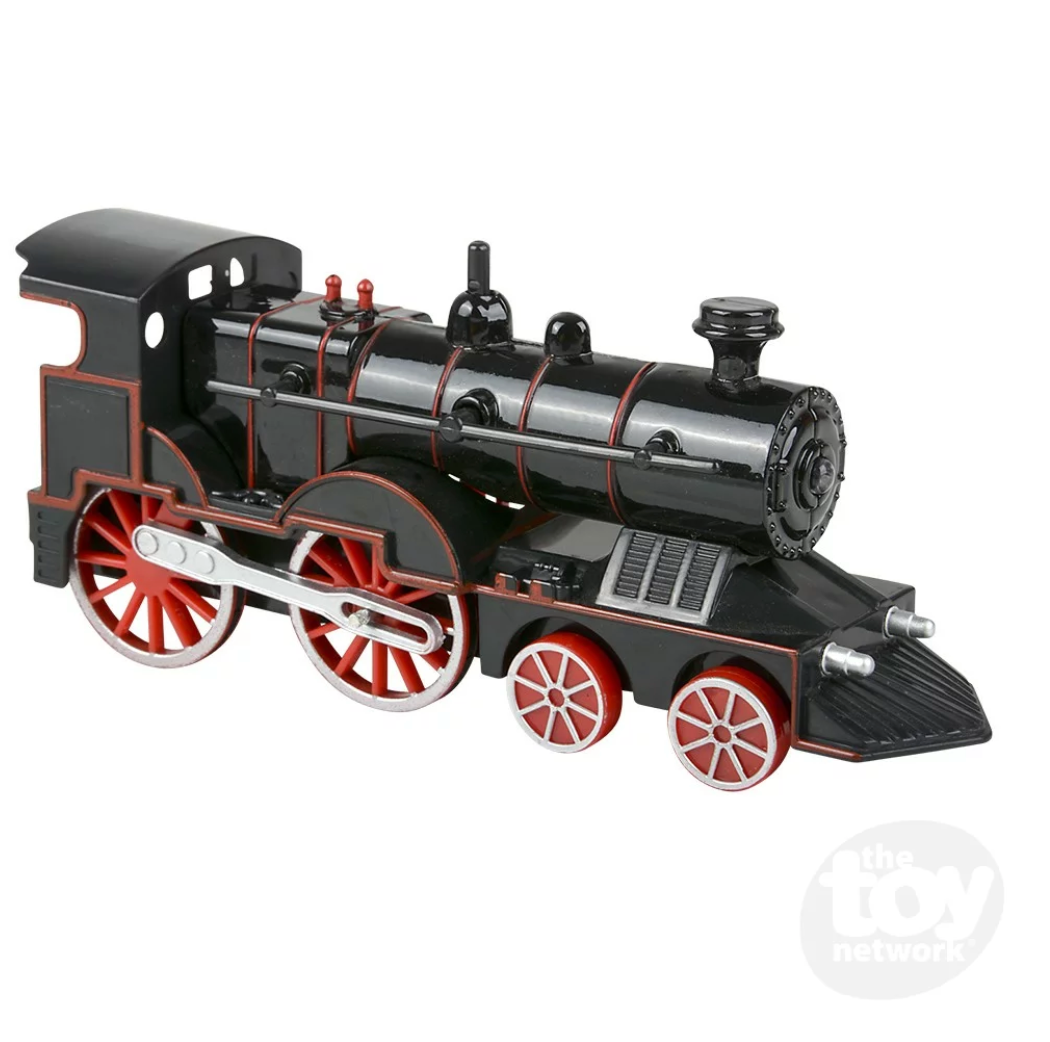 Train Lights & Sounds! die-cast 5.5" toy train with pull-back action, lights, and sound in black and red design.