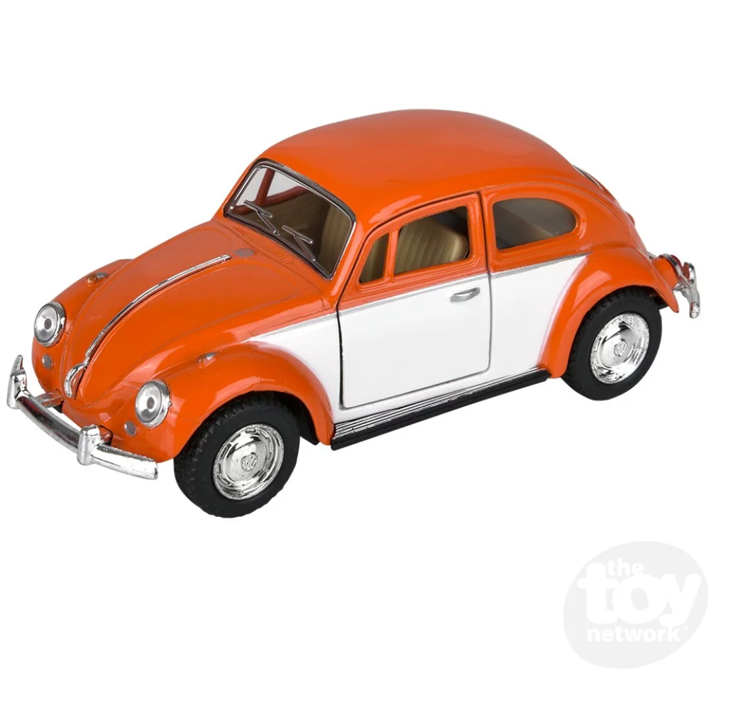 VW Beetle 1967 5-inch diecast pull-back toy car with orange and white color, openable doors, and detailed design.