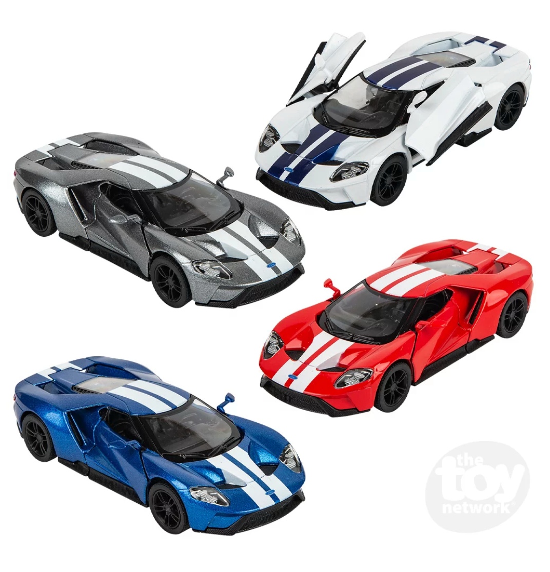 Four 2017 Ford GT toy cars in assorted colors with functional opening doors and pull-back drive features.