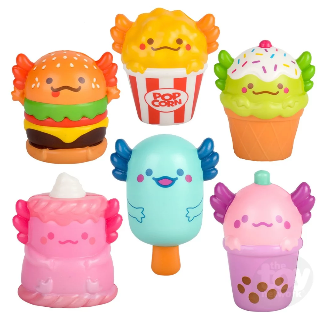 Squishy Axolotl Foodie Friend soft foam toys shaped like cute food with axolotl heads, slow-rising and fun to squish.