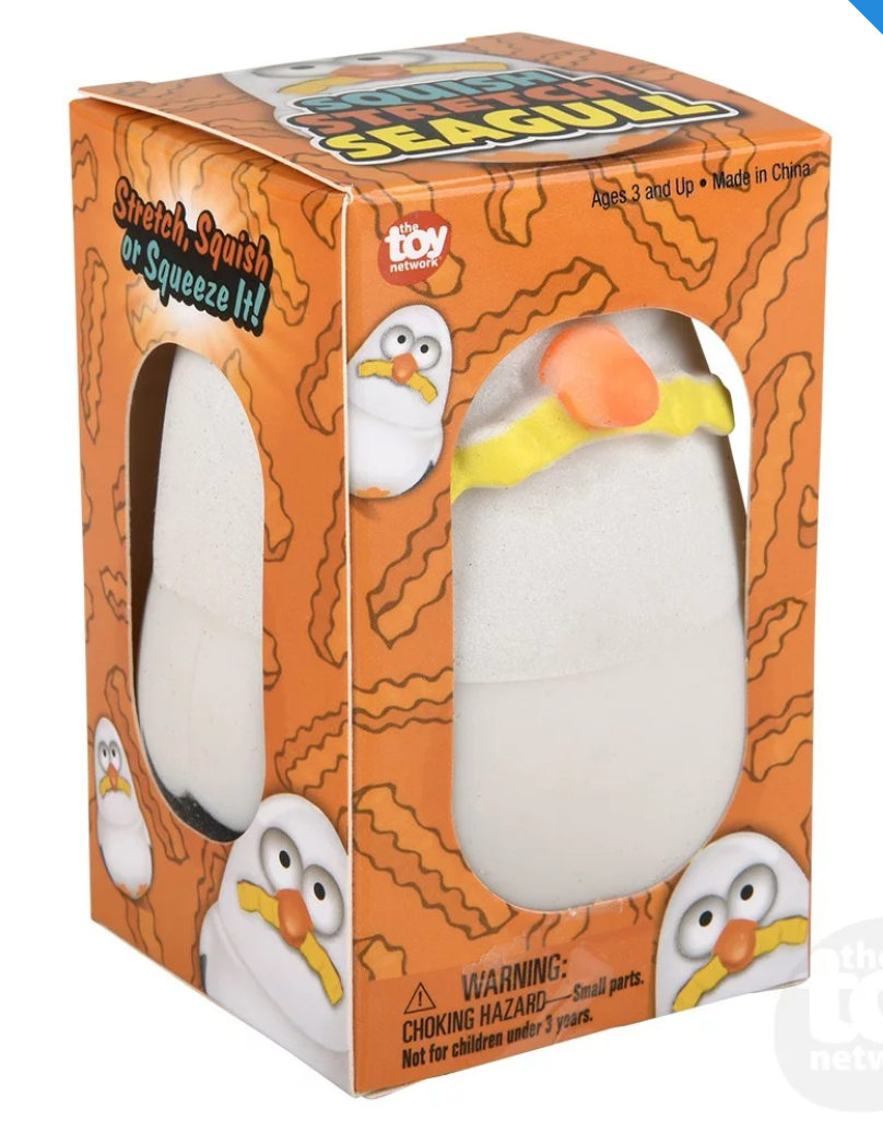 Squish & Stretch Seagull fidget toy in orange packaging, designed for stress relief and ages 3 and up.